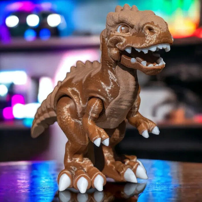 Tiranossauro Rex marrom articulado impresso em 3D, com braços, pernas, cauda e mandíbula móveis