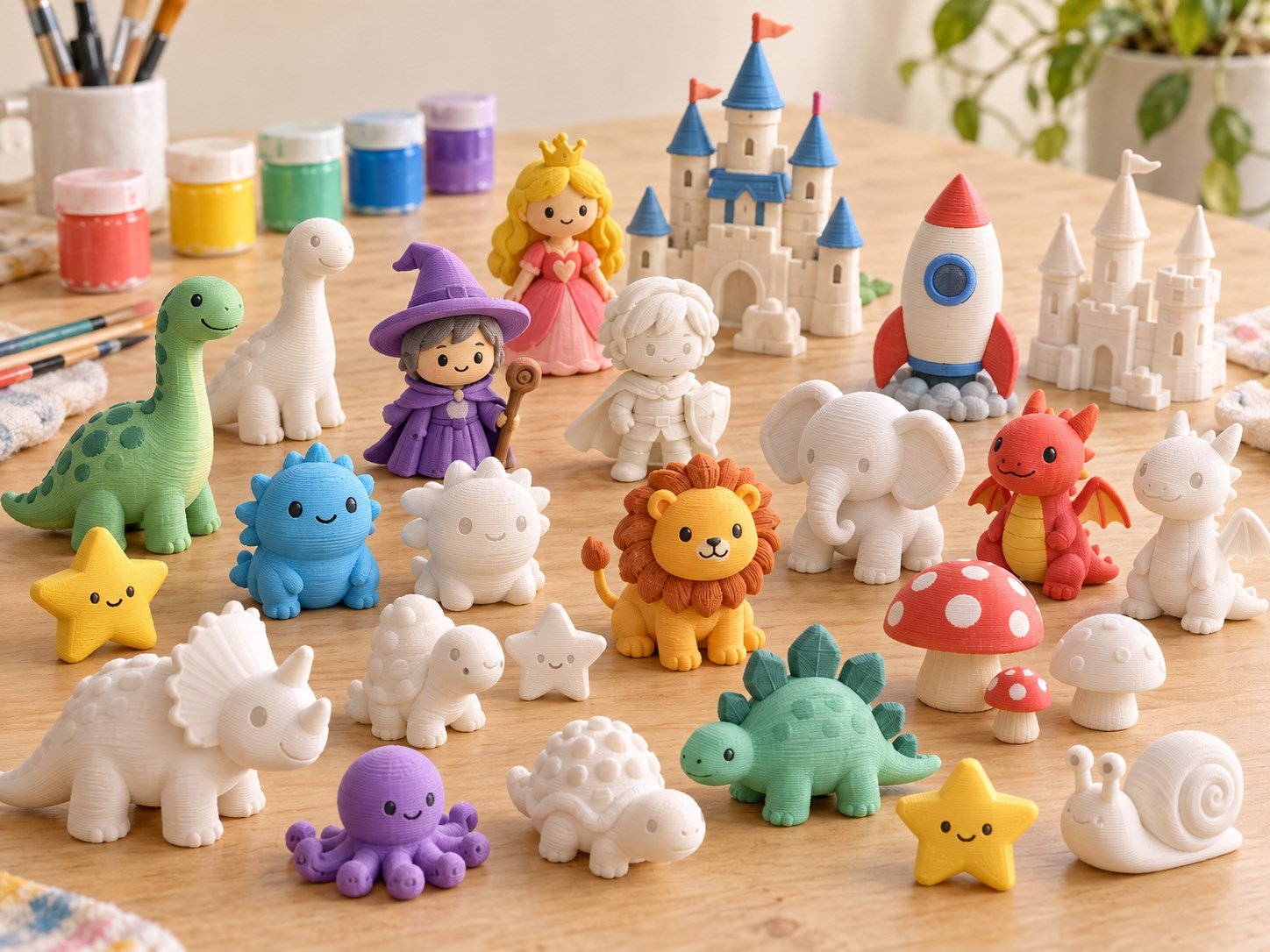 Coleção de miniaturas impressas em 3D sobre uma mesa, com dinossauros, personagens de fantasia, castelos, foguete e animais; algumas peças estão coloridas e outras em PLA branco para pintar