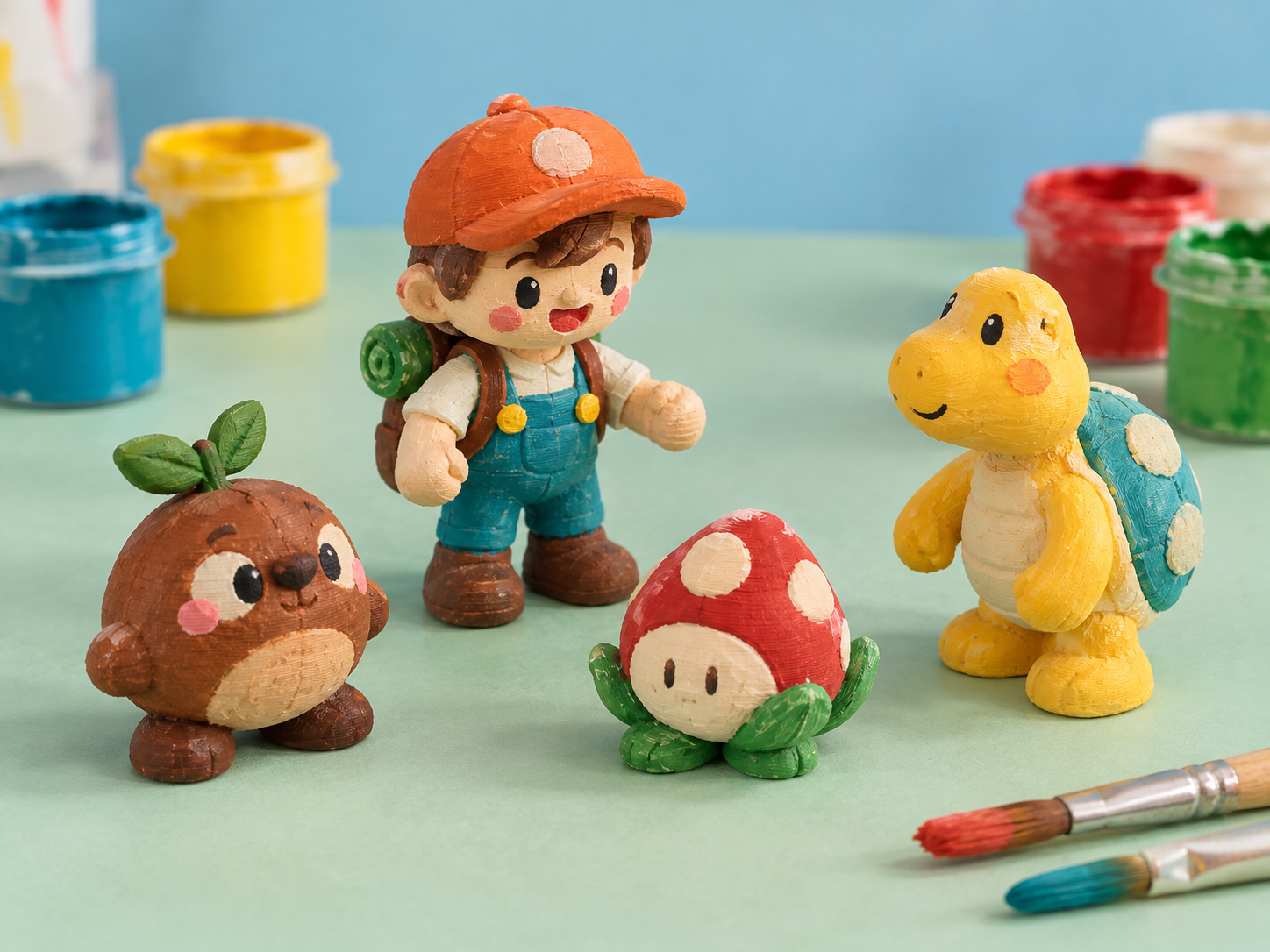 Quatro miniaturas 3D originais pintadas artesanalmente com tinta guache